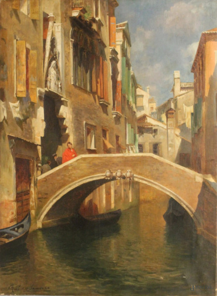 Scorcio di Venezia, olio su tela 50x37 cm, firmato Rubens Santoro.