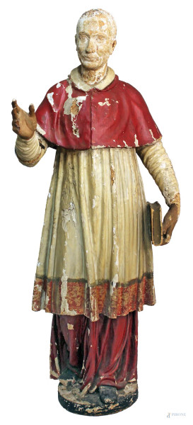 San Carlo Borromeo, scultura in legno dipinto XVIII sec., H. 185 cm., mancanze e cadute di colore.