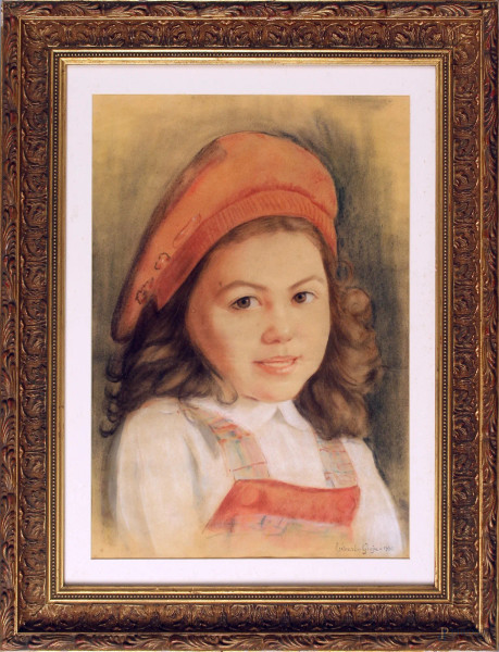 Ritratto di fanciulla, pastello su cartoncino, cm 47x32, firmato e datato, entro cornice.