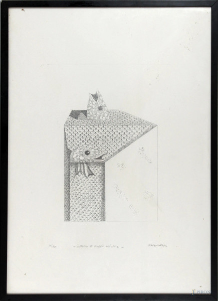 Renzo Margonari - Tentativo di doppia cubatura, acquaforte, esemplare 44/100, cm 69x49, entro cornice
