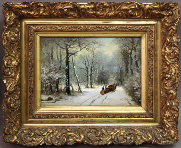 Paesaggio invernale con boscaiolo e cavallo, olio su tavola, cm 37x27, entro cornice firmato.