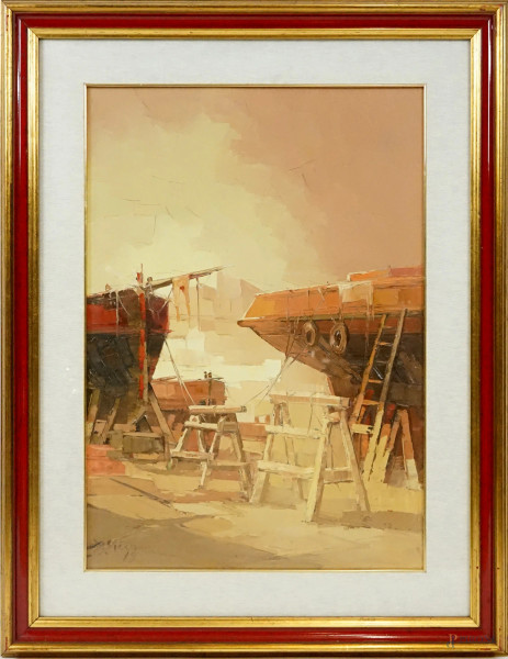 Antonio Di Viccaro - Barche in riparazione, olio su tela, cm 70x50, entro cornice