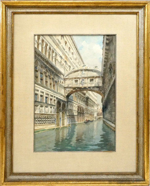 Emanuele Brugnoli - Ponte dei Sospiri, acquarello su carta, cm 51x37 circa, entro cornice.