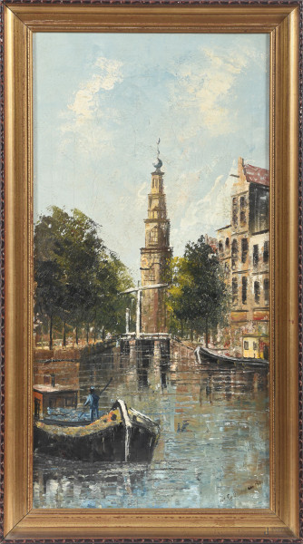 Città nordica sul fiume, XX secolo, olio su tela, cm 60,5x30, firmato in basso a destra, entro cornice, (segni di battitura del telaio, sollevamenti di colore)