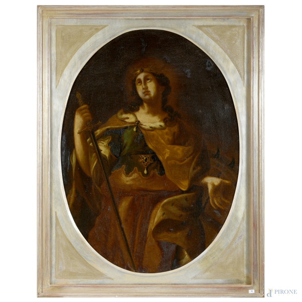 Scuola lombarda della fine del XVII secolo, Santa Caterina di Alessandria, olio su tela a serto ovale, cm 98,5x73, entro cornice, (restauri)