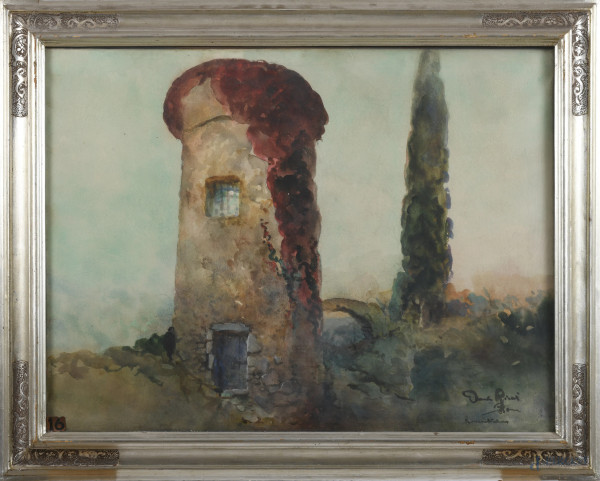 La torretta, acquerello su carta applicato su tela, cm 64x86, firmato e iscritto in basso a destra, entro cornice. (lievi ondulazioni del supporto e tracce di umidità) 