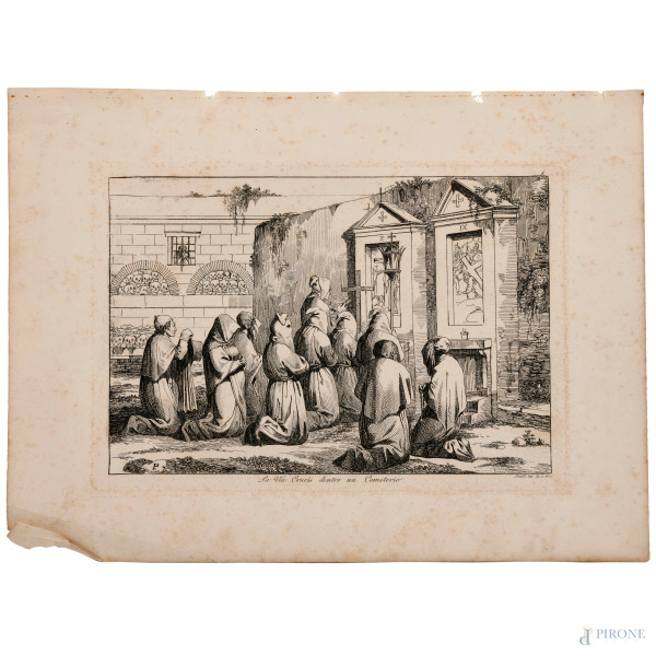 Bartolomeo Pinelli (1781 – 1835) Coppia di acqueforti raffiguranti "La via crucis dentro un cemet...