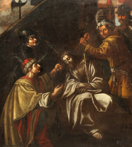 Scuola italiana del XVII sec., Cristo deriso, olio su tela, cm 157x138,5.