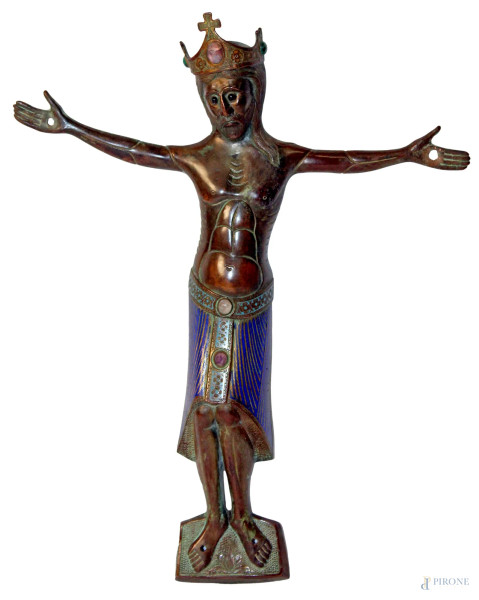 Cristo, scultura in rame con particolari in smalto e finiture in pietre dure, fine XVIII sec, h. 30 cm