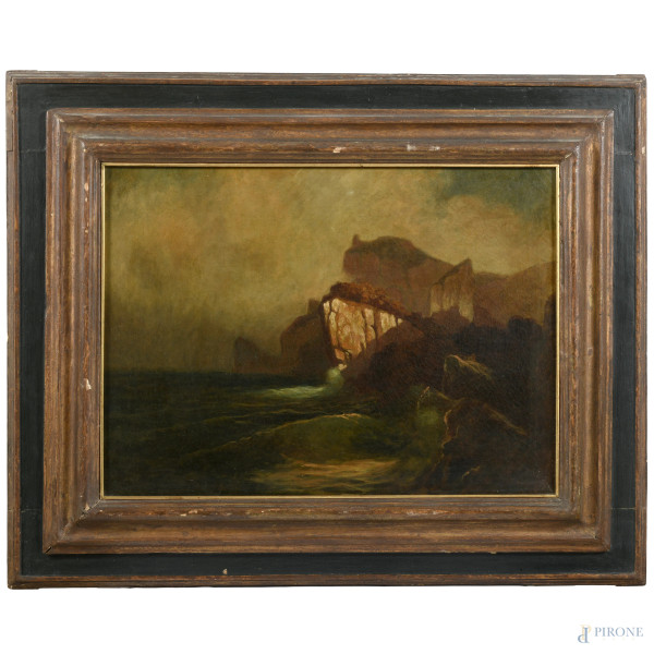 Scogliera, XIX secolo, olio su tela, cm 45x60, entro cornice, (lieve craquelure)