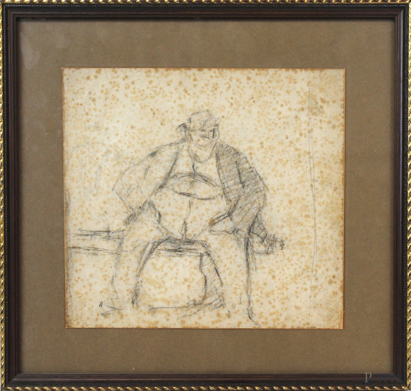 Figura d'uomo seduto, disegno a matita su carta, cm 20x21,5
