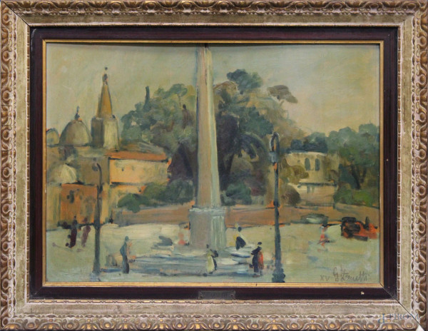 Piazza del Popolo, olio su legno, cm 40 x 50, entro cornice.