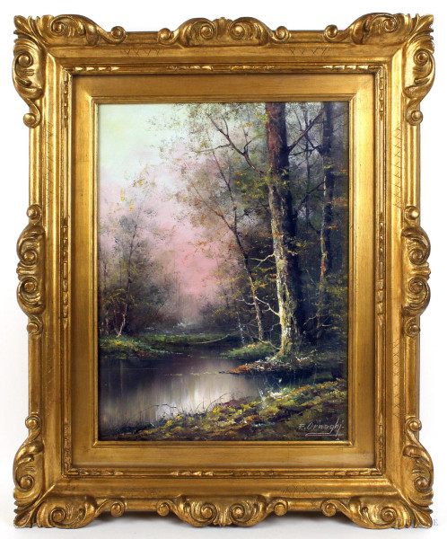 F. Ornaghi - Paesaggio con fiume, olio su tela, entro cornice.