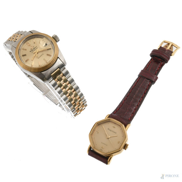 Lotto di 2 orologi da donna "Philip Watch" al quarzo, rispettivamente  con maglie d'acciaio e cinturino in pelle bordeaux, diametro cassa cm 3 e cm 2,5, (segni di usura, meccanismi da revisionare)