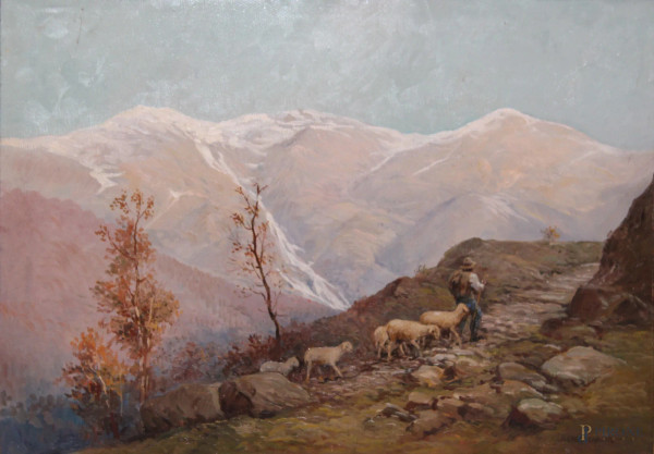 Scorcio montano con pastore e gregge