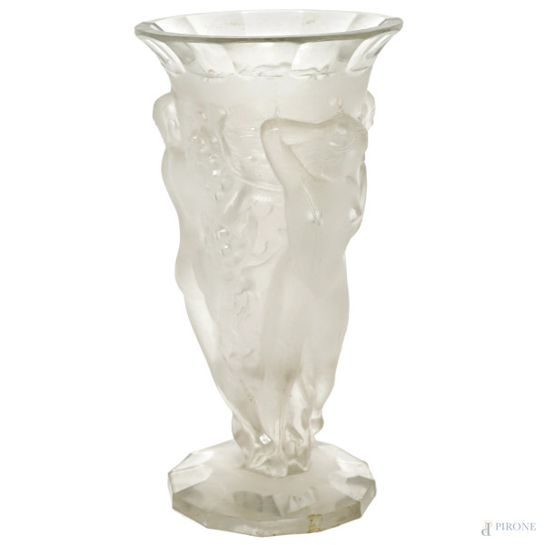 Vaso Lalique "Bacchantes" in cristallo satinato, firmato sotto la base, altezza cm 22, (difetti)