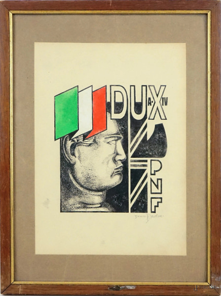 Propaganda fascista, tecnica mista su carta, cm 32,5x22,5, firmato, entro cornice