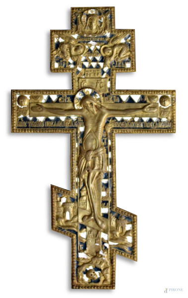 Icona russa in bronzo e smalto a soggetto del Cristo, XIX sec.