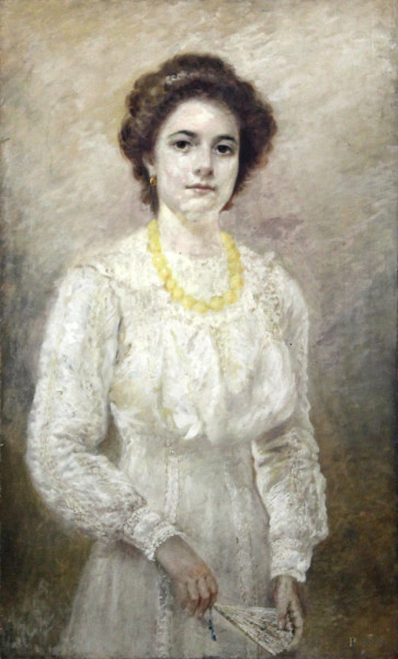 Ritratto di donna con vestito bianco, olio su tela, cm 100,5x60, inizi XX secolo