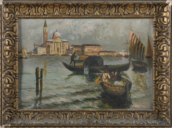 Veduta di Venezia, XX secolo, olio su compensato, cm 34x47,5, firmato in basso a sinistra, entro cornice, (segni di usura, sollevamenti e cadute di colore, abrasioni, difetti)