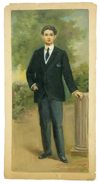 Ritratto di ragazzo con completo elegante, olio su carta, cm 54,5x28,5, metà XX secolo, (difetti).