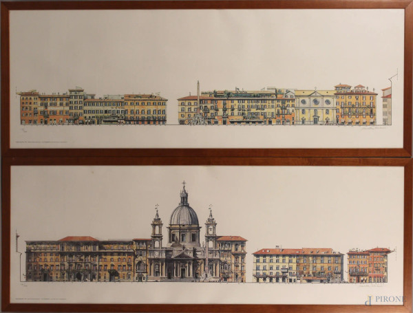 Lotto composto da due stampe raffiguranti piazza Navona, cm 148x48.