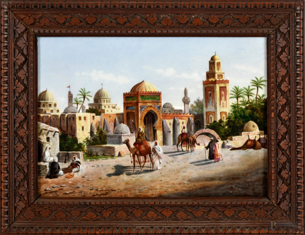 Mattonella raffigurante città araba, XX secolo, cm 18x25 entro cornice, firmato in basso a destra