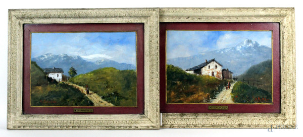 Coppia di paesaggi montani, olio su masonite, cm. 30x40, firmati A. Ronchi, entro cornice.