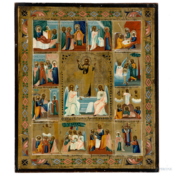 Icona dipinta e incisa con storie mariane e cristologiche, XIX secolo, cm 30,5x26,5, (scalfiture, cadute di colore, fori di tarlo)