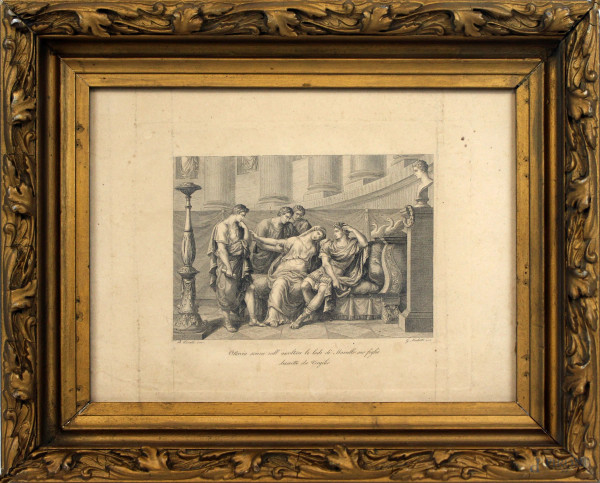 Incisione raffigurante Ottavia che sviene nell'ascoltare le lodi di Marcello suo figlio descritto da Virgilio, cm 20,5x27,5, inventore Bartolomeo Pinelli (1781-1835), incisore Giuseppe Mochetti (1813-1905 ca.), (lievi difetti).