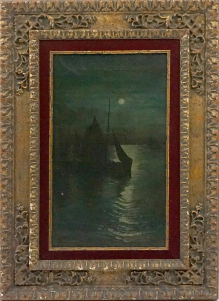 Marina notturna, olio su tela, cm 50,5x30, firmato R. M. G. Coventry, entro cornice