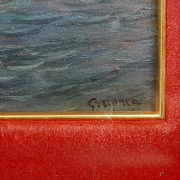 Marina con imbarcazioni, XIX secolo, olio su cartone, cm 18x40, firmato, entro cornice, (difetti)