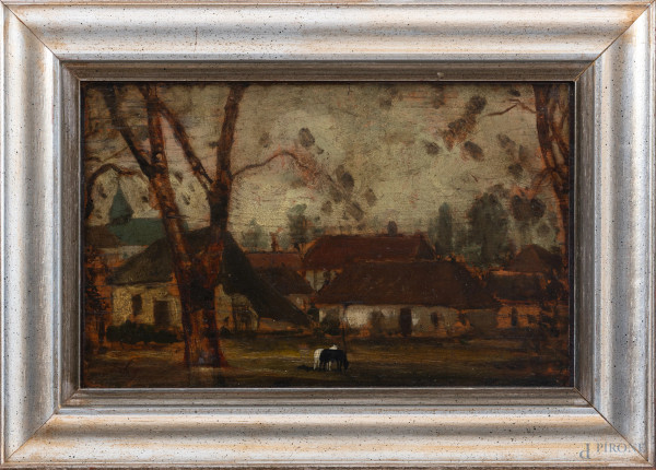 Casolari e animali, XIX-XX secolo, olio su tavoletta, cm 22x35, entro cornice, (segni di usura, fori di tarlo, abrasioni)