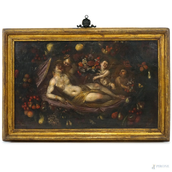Pittore fiammingo del XVII secolo, Venere con cherubini, fiori e frutta, olio su tavola, cm 58x90,5, entro cornice, (difetti sulla tavola).