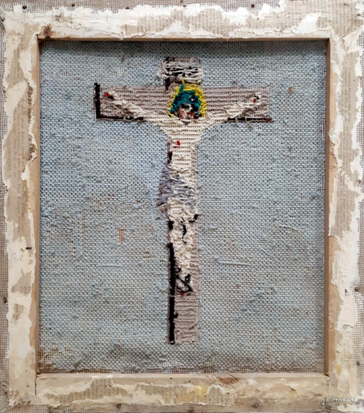 Crocifisso, antico ricamo a tombolo, cm 47x42