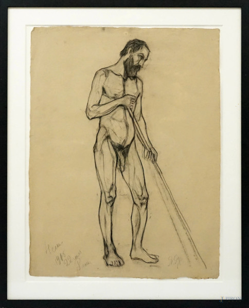 Nudo maschile, disegno a carboncino su carta, cm 59.5x44,  firmato e datato, entro cornice, (difetti)