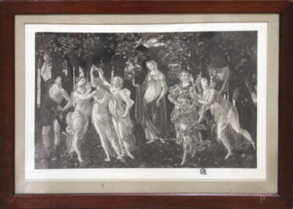 Antica stampa raffigurante La Primavera di Botticelli, cm 54x89, entro cornice.