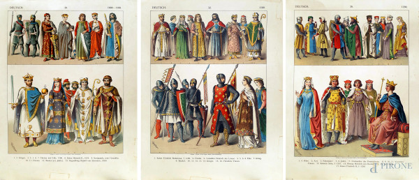 Franz Eugen K&#246;hler - Lotto composto da tre rare cromolitografie raffiguranti personaggi dell’entourage di Federico Barbarossa in abiti medioevali dall’anno 1000 al 1200, ciascuna cm 32x25