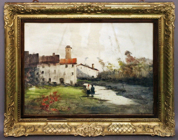 Paesaggio con case e figure, olio su cartone 74x55 cm, firmato Carniel.