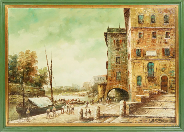 Scuola italiana del XX secolo, Veduta del Porto di Ripetta, olio su tela, firmato in basso a destra, cm 69,5x100, entro cornice