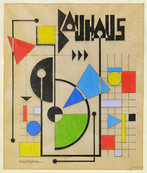Bauhaus , composizione geometrica a tempera e inchiostro su carta del Maestro Otto Gunter (XX sec.), cm 33x29, firmato, entro cornice