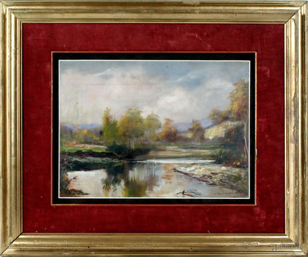 Paesaggio fluviale, olio su legno, cm 27x37, firmato M. Merlo, entro cornice