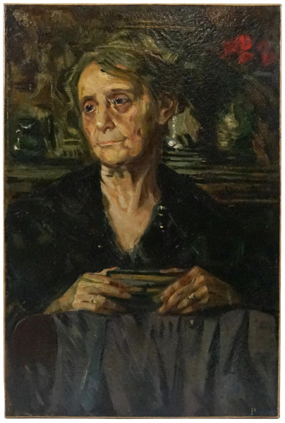 Ritratto di anziana, olio su tela, cm 75x49, firmato L.Postiglione