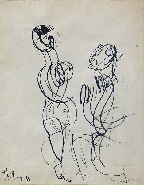 Giovanni Stradone - Figure, 1944, china su carta, cm 28x22, firmato e datato in basso a sinistra