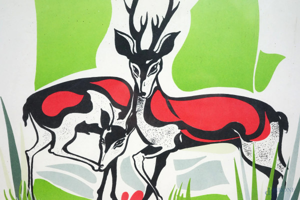 I due cervi, cromolitografia, prova d'autore, cm 33x33, 1975, entro cornice