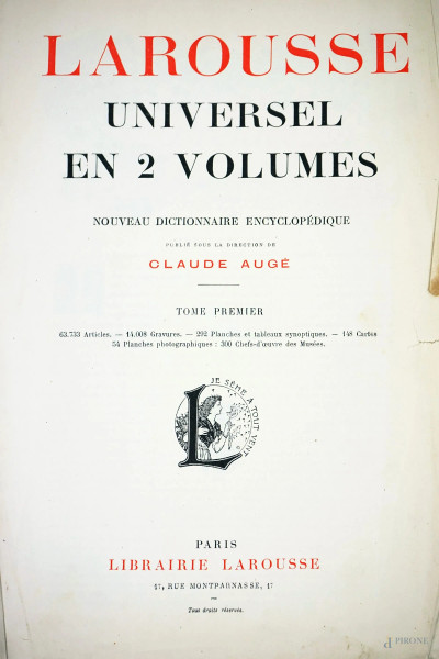 Due dizionari francesi: "Larousse universel en 2 volumes. Nouveau dictionnaire encyclopédique", tomo I e II, (difetti, pagine recise).