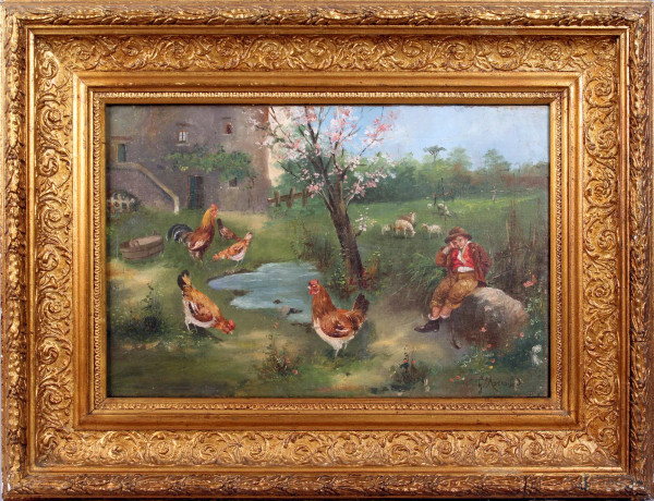 Paesaggio con contadino e animali, olio su tela, cm. 26x40, firmato entro cornice.