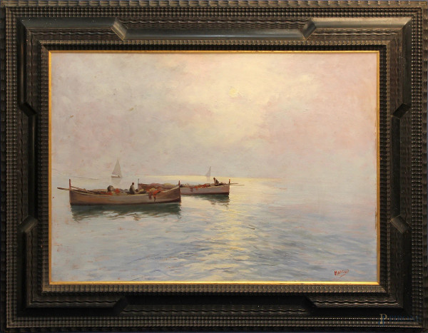 Marina con barche e pescatori, olio su tavola 70x100 cm, entro cornice firmato.