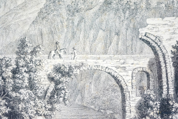 Veduta dell'antico ponte sopra l'Aniene, Gaspare Vinci, stampa litografica, XIX secolo, cm 48,5x6...
