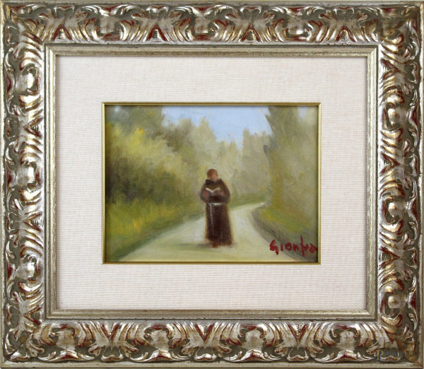 Ortensio Gianfra - Paesaggio con frate, olio su tela, cm. 18x24, entro cornice